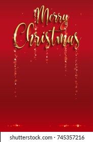 Merry Christmas. Empty red background. Golden Sparkly rain. The empty space under congratulations. Gold lettering. Vector.