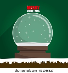 Merry Christmas empty snow globe on green background. Snow flake falling inside.