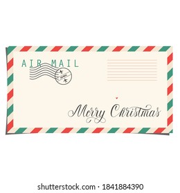 Merry Christmas envelope isolated vector illustration. Trendy simple design. Letter to Santa Claus. Envelope with a post stamp and handwritten calligraphy text. Christmas holiday concept.