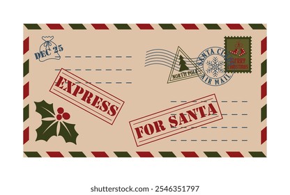 Merry Christmas. Christmas envelope with stamps, seals and lettering to Santa Claus. Waiting for miracles and presents. Space for text.