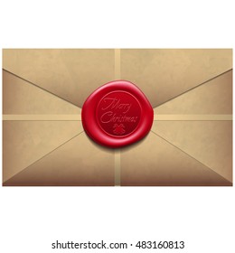 Merry Christmas Envelope with wax seal. Sealing wax. Vector Illustration