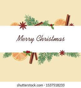 Merry Christmas. EPS 10 graphic with ornament of orange, spruce branches, berries, cinnamon, anise for greeting card, invitation or illustration.