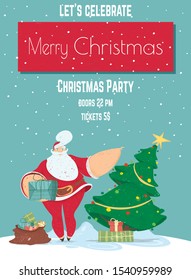 Merry Christmas Eve Evening Party Cartoon Vector Vertical Advertising Flyer, Promo Poster or Invitation Card Design Template. Smiling Santa Claus with Gifts near Decorated Christmas Tree Illustration