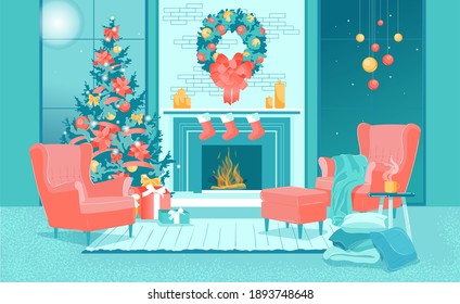 Merry Christmas Eve Happy New Year Flat Interior for Home Living Room. Decorations, Wreath on Wall above Fireplace, Red Xmas Stockings. Fir Tree, Gifts. Soft Armchairs, Plaid. Vector Illustration