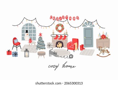 Merry Christmas eve Happy New Year interior. Home Room. Xmas fir tree, gifts fireplace