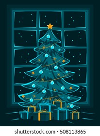 Merry Christmas Eve and Night, Happy New Year seasonal winter greeting card with Decorated Christmas Pine tree and presents standing in front of big window