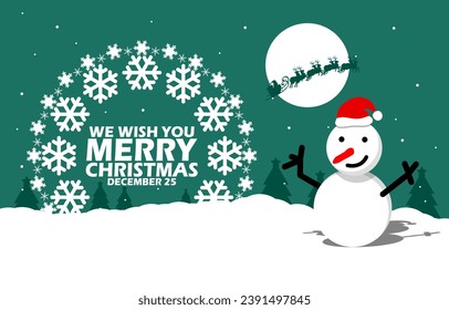 Merry Christmas event banner. Bold text surrounded by snowflakes with a smiling snowman and a full moon when it snows to celebrate on December 25