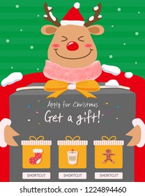 Merry Christmas events. Happy New Year holidays! Vector events poster with reindeer, gift box, socks, candle, gingerbread cookies.
