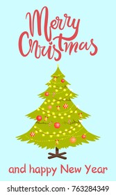 Merry Christmas evergreen pine tree decorated with garlands and balls with bells, traditional candies, lettering text on poster vector illustration