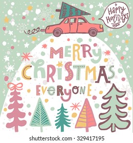 Merry Christmas everyone concept card in vector. Car with a Christmas tree under the snowfall in winter forest. Lovely cartoon background 