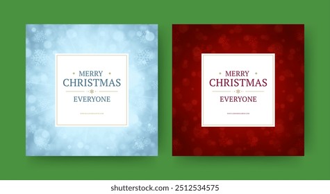 Merry Christmas everyone decorative social media post design template set vector illustration. Happy New Year best wishes winter holiday congratulations greeting card abstract snow bokeh background