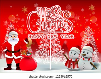 Merry Christmas Everyone greeting card, Vintage Background With red sky and snow. Merry Christmas and happy new year text design, vector illustration.