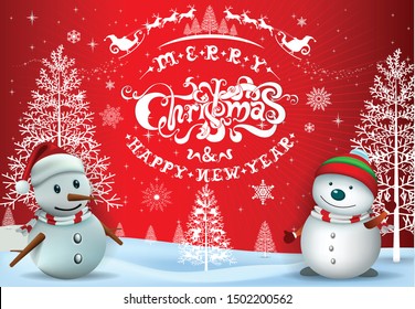 Merry Christmas Everyone greeting card, Vintage Background With red sky and snow. Merry Christmas and happy new year text design, vector illustration.