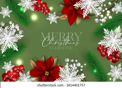 Merry Christmas everyone Greeting card or invitation Poinsettia, paper cut snowflake, red berry, green fir tree brunches