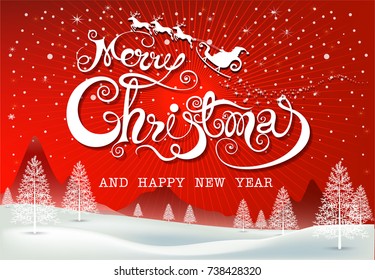 Merry Christmas Everyone greeting card, Vintage Background With red sky and snow. Merry Christmas and happy new year text design, vector illustration.