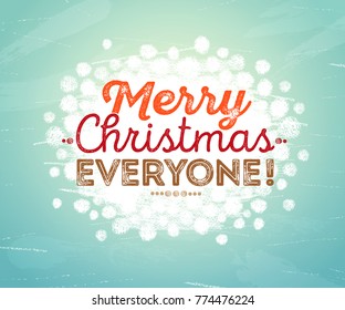 Merry Christmas Everyone inscription with hand painted white snowballs. Calligraphic logo on blue ice. Vector text design. Usable for banners, greeting cards, tags, gifts etc.