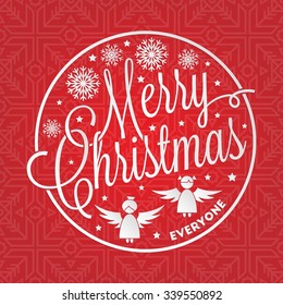 Merry Christmas everyone lettering with seamless winter pattern for your greeting card design