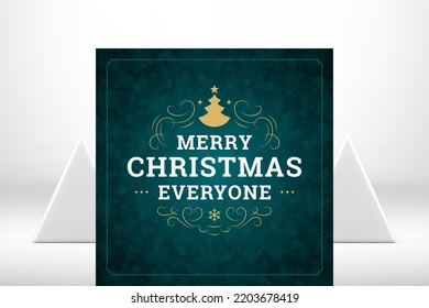 Merry Christmas everyone royal green snowflake greeting card design vector illustration. Happy New Year congratulations banner curved golden ornament cute spruce traditional winter holiday celebrate