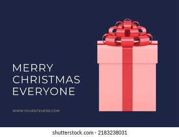 Merry Christmas everyone stylish blue greeting card realistic 3d icon vector illustration. Happy New Year fashion web banner design pink glossy gift box with bow premium congrats poster