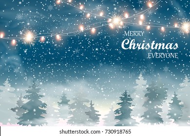 Merry Christmas Everyone. Winter Woodland Landscape with snow, lights garlands, christmas tree. Design template for flyer, banner, invitation, congratulation, poster design. Vector illustration.