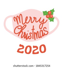 Merry Christmas Face Mask Greeting Card Template. Square Format Christmas Holidays 2020 With Protective Face Mask Against Coronavirus. 