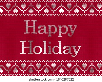 Merry Christmas. Fairisle Design Knitting Pattern. Scandinavian style greeting card. Christmas greeting card banner poster. Knitted imitation. Winter Holiday Sweater Design. Vector Illustration