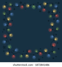 Merry Christmas Fairy Lights. Doddle Retro Poster Season's Greeting. Blue Background illustration