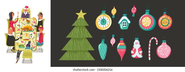 Merry Christmas. The family celebrates Christmas at the festive table. Vector illustration.