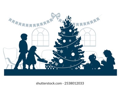 Merry Christmas. Family silhouettes. Children with gifts near the Christmas tree. Vector illustration.		
