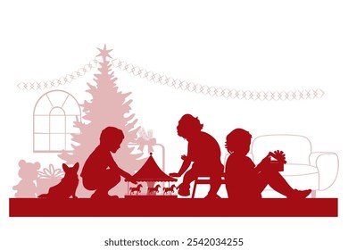 Merry Christmas. Family silhouettes. Children with gifts near the Christmas tree. Vector illustration.	
