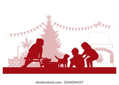 Merry Christmas. Family silhouettes. Children with gifts near the Christmas tree. Vector illustration.	
