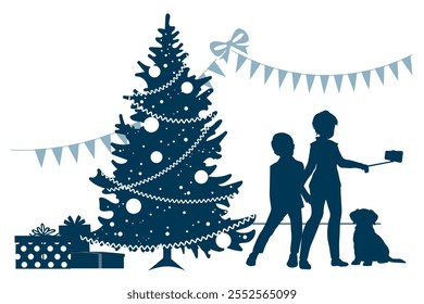 Merry Christmas. Family silhouettes. Children with gifts near the Christmas tree. Vector illustration.