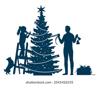 Merry Christmas. Family silhouettes. Father and daughter decorate the Christmas tree. Vector illustration.	
