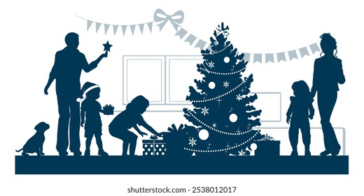 Merry Christmas. Family silhouettes. Mother, father and children decorate the Christmas tree. Vector illustration.	
