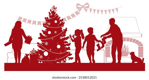 Merry Christmas. Family silhouettes. Mother, father and children decorate the Christmas tree. Vector illustration.	
