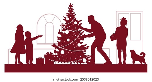 Merry Christmas. Family silhouettes. Mother, father and children decorate the Christmas tree. Vector illustration.	
