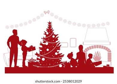 Merry Christmas. Family silhouettes. Mother, father and children decorate the Christmas tree. Vector illustration.	
