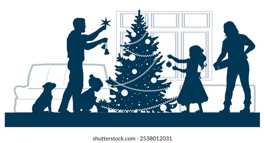 Frohe Weihnachten. Familiensilhouetten. Mutter, Vater und Kinder schmücken den Christbaum. Vektorgrafik.	
