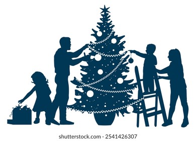 Felices Navidades. Siluetas familiares. Madre, padre e hijos decoran el árbol de Navidad. Ilustración vectorial.	
