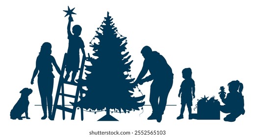 Merry Christmas. Family silhouettes. Mother, father and children decorate the Christmas tree. Vector illustration.	
