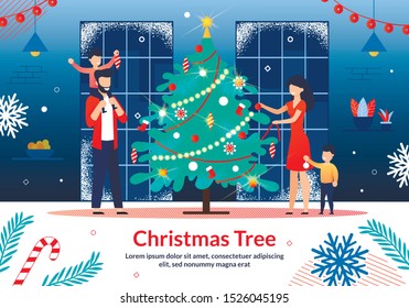 Merry Christmas Family Traditions, Winter Holiday Celebration Trendy Flat Vector Horizontal Banner, Poster Template. Happy Father and Mother with Kids Decorating Christmas Tree at Home Illustration