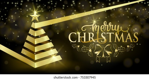 Merry christmas fancy luxury gold ribbon xmas tree, golden star in hipster flat style. Greeting holiday card for party invitation with blurred round fog, glitter shine sparkles on black background