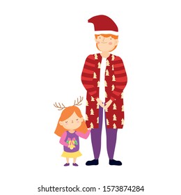merry christmas father and daughter warm clothes vector illustration