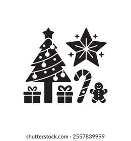 merry christmas or feliz navidad design resource ornaments elements black silhouette vector flat icon collection set