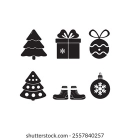 merry christmas or feliz navidad design ornaments elements black silhouette vector flat icon set