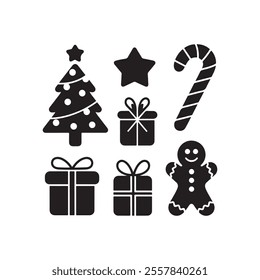 merry christmas or feliz navidad design ornaments elements black silhouette vector flat icon set