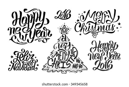 Merry Christmas, Feliz navidad and Happy New Year typography text greetings collection for print or web banner. Vector set of hand drawn lettering inscriptions for winter holidays