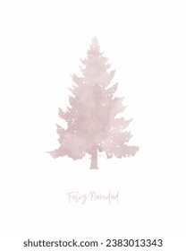 Merry Christmas - Feliz Navidad in Spanish. Hand Drawn Xmas Vector Card with Pink Christmas Tree. Watercolor Painting-Like Light Pink Fir Tree with White Spots Isolated on a White Background. RGB.