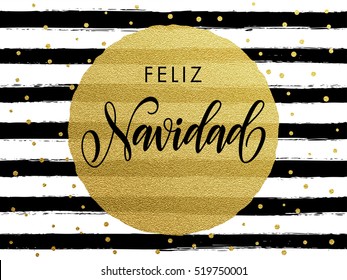 Frohe Weihnachten Feliz Navidad spanischen Text. Gold Grußkarte für glänzende Goldvergoldungen. Vektorschwarze Streifen, Schneeflocken, goldglänzende Kreisbälle. Kalligraphie-Schrift, moderner Trend