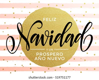 Frohe Weihnachten Feliz Navidad spanischen Text. Kalligraphie, die den modernen Trend prägt. Gold Grußkarte für glänzende Goldvergoldungen. Vektor-rosafarbene festliche Streifen, Schneeflocken, goldglänzende Kreisbälle